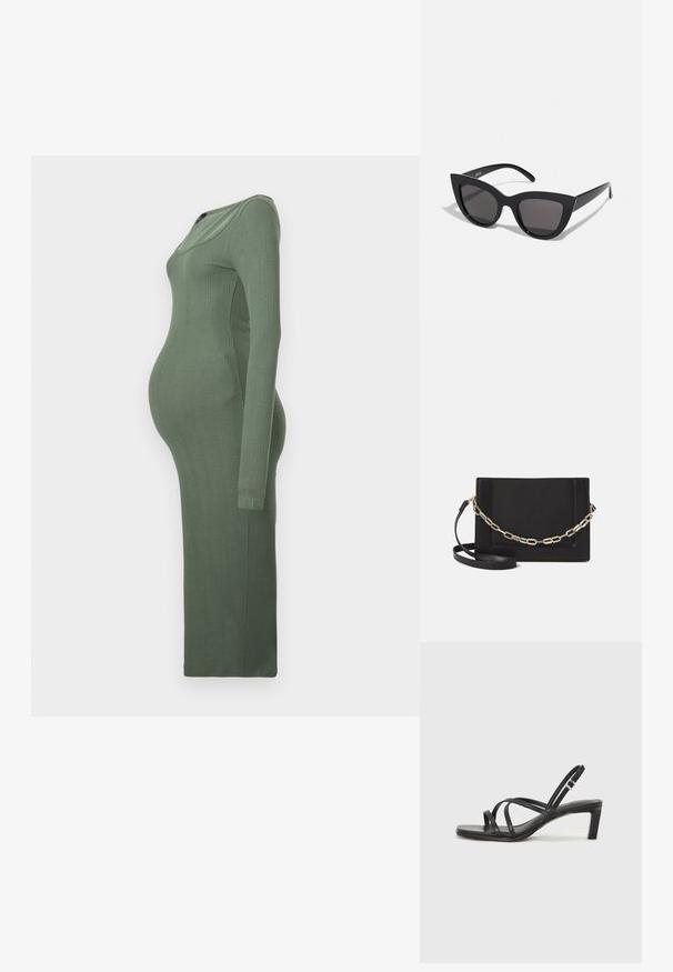 Maternitātes kleita mīksta, ribota auduma, garām piedurknēm, pieguļošas formas un zaļā krāsā. Tai ir apaļš izgriezums un garš griezums.; Melnas strappy sandales ar kvadrātveida purngaliem un zemu bloku papēdi. Ievērojamas ar vairākiem plāniem siksniņām un regulējamu potītes siksniņu. Izgatavotas no gludas ādas.; Melnas kaķa acs saulesbrilles ar matētu apdari, ar pelēkiem tonētiem stikliem, izteiktiem stūriem un elegantiem sānu rokturiem. Zīmola nosaukums redzams uz iekšējā roktura.; Melna ādas crossbody soma ar gludu faktūru, taisnstūrveida formu un metalizētu ķēdes detaļu priekšā. Iekļauta regulējama siksna.