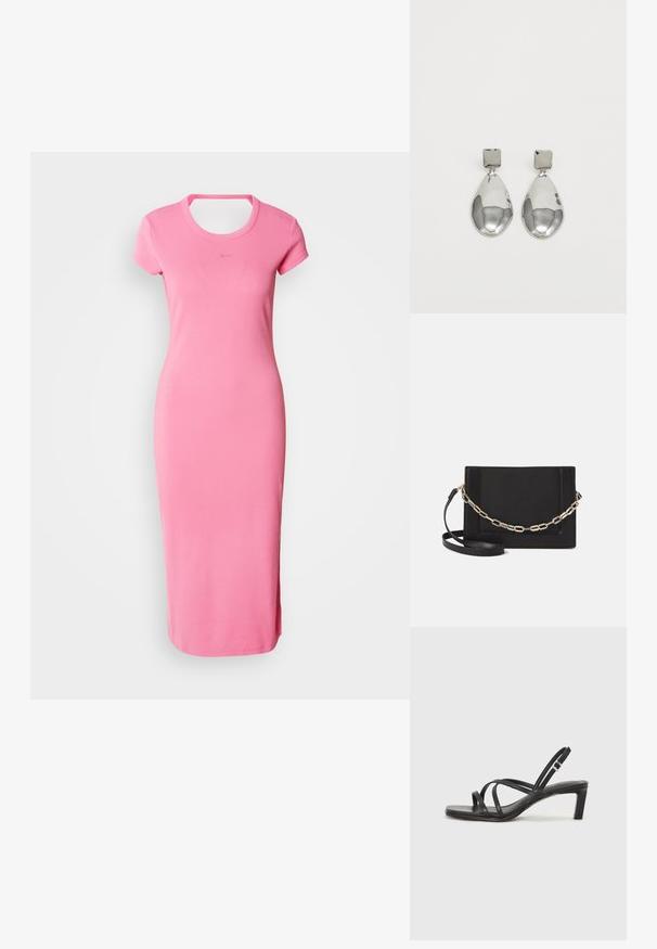 Roosa ribatud midi kleit lühikeste varrukatega, ümarate kaelustega ja laitmatu lõikega. Sile tekstuur ja diskreetne logo detail rinnal.; Mustast rihmajalatsid ruudukujulise varba ja madala ploki kontsaga. Omab mitmeid õhukesi rihmasid ja reguleeritavat pahkluu rihma. Valmistatud siledast nahast.; Mustast nahast õlakott, mis omab siledat tekstuuri, ristküliku kuju ning esiküljel metallketi detaili. Reguleeritav rihm on kaasas.; Hõbedased ripatsid, millel on ruudukujuline studs, siledat ja poleeritud viimistlust ning pisarakuju, peegeldades valgust läikiva pinnaga.