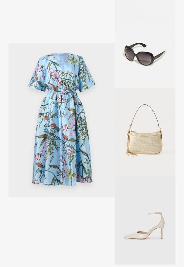 Rochie albastră cu imprimeu floral, având flori roz și frunze verzi. Mâneci scurte, decolteu în V, talie elastică și fustă fluidă. Textură din satin.; Pantofii înalți din piele albă, cu vârf ascuțit, curea la gleznă și toc subțire de tip stiletto. Textură netedă cu un finisaj subtil lucios.; Ochelari de soare negri cu rame supradimensionate și rotunjite. Lentilele au un gradient de la întunecat la deschis. Prezintă un finisaj elegant, lucios și accente subtile ale logo-ului pe brate.; Geantă texturată cu aur, cu o curea din piele netedă, având închidere cu fermoar și un model subtil de logo imprimat pe suprafață.