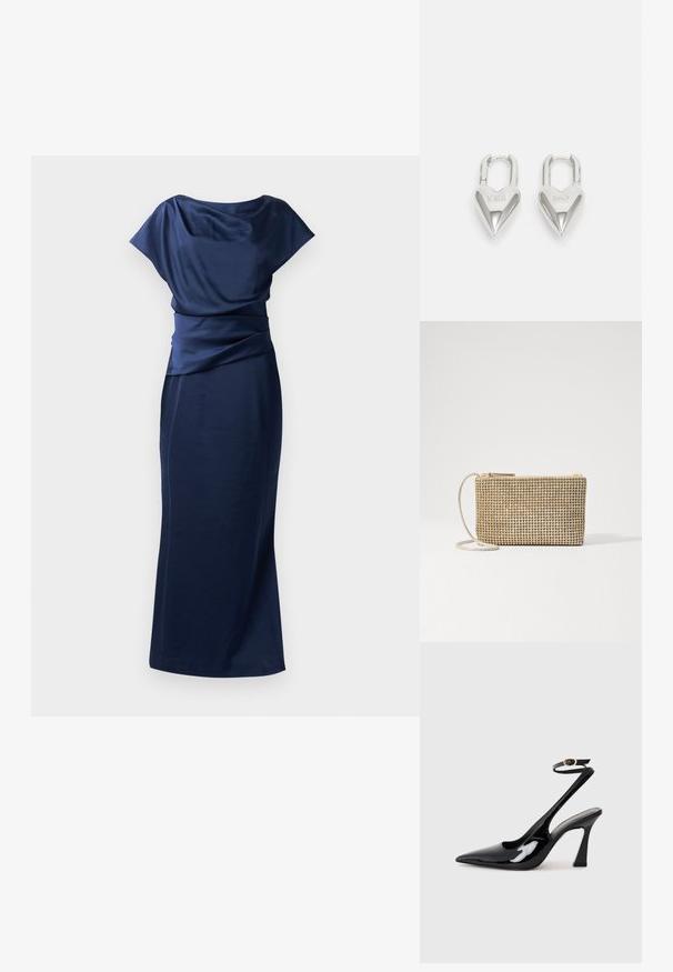 Marineblaues Abendkleid mit drapiertem Oberteil, tailliertem Bund und einer figurbetonten Silhouette, die bis zum Boden reicht. Aus glattem, leichtem Stoff gefertigt.; Schwarze Lackleder-Slingbacks mit spitz zulaufender Zehenpartie, verstellbarem Knöchelriemen und moderatem Blockabsatz. Glatte Textur mit glänzender Oberfläche.; Loeffler Randall YASMINE FLAT CLUTCH - Umhängetasche - gold; Silberne herzförmige Vorhängeschlösser mit eingravierten "JA"- und "NEIN"-Texten, polierte Oberfläche, symmetrisches Design und einem robusten Metallverschluss.