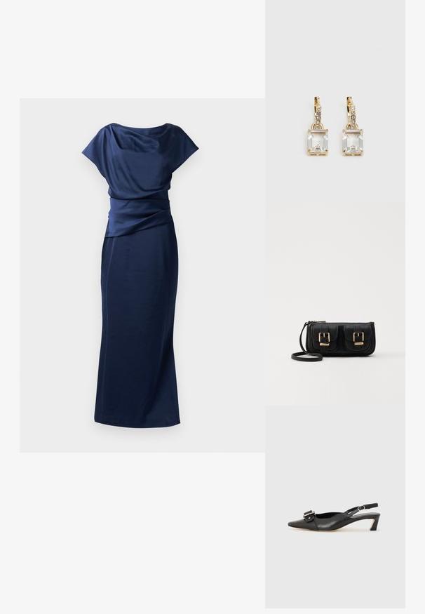 Tengerészkék estélyi ruha, drapált felső résszel, hangsúlyozott derékkal és testhez simuló, földig érő szilhuettel. Simább, könnyű anyagból készült.; Fekete bőr szandál kis sarkú, hegyes orral, díszes csattal a felsőrészen. Simább textúra, minimalista design.; Fekete bőr keresztbody táska két elülső zsebbel, arany csattokkal, cipzáras záródással és vékony pánttal. Textúrált felület és kompakt téglalap alak.; Aranyszínű fülbevalók, melyek egy téglalap alakú, tiszta kristállyal díszítették, ami egy sor kis, kerek, tiszta kiegészítő alatt lóg. Letisztult, modern dizájn.