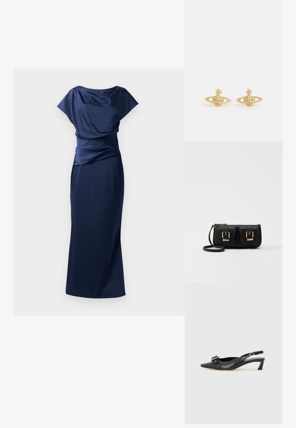 Navy blue evening dress with a draped bodice, cinched waist, and a fitted silhouette extending to the floor. Made of smooth, lightweight fabric.; Black leather slingback shoe with pointed toe, small heel, and decorative buckle detail on the upper. Smooth texture, minimalistic design.; Black leather crossbody bag with two front pockets, gold buckles, zipper closure, and a slim strap. Textured surface and compact rectangular shape.; Vivienne Westwood MINI BAS RELIEF EARRINGS - Earrings - gold-coloured