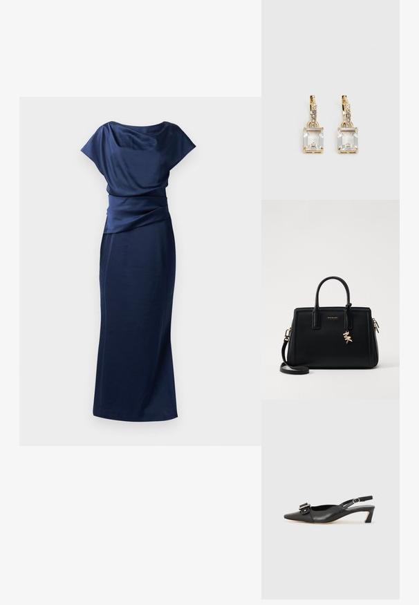 Rochie de seară albastru închis, cu un decolteu drapat, talie strânsă și o siluetă ajustată care se extinde până la podea. Fabricată dintr-un material neted și ușor.; Pantofii negri din piele cu toc mic, vârf ascuțit și detaliu decorativ cu cataramă pe partea superioară. Textură netedă, design minimal.; Geantă de mână din piele neagră cu un design structurat, mânere superioare duble, curea de umăr detasabilă, accesorii din aur și un pandantiv cu logo.; Cercei aurii care prezintă un cristal clar, rectangular, suspendat sub un rând de accente mici, rotunde, clare. Design elegant și modern.