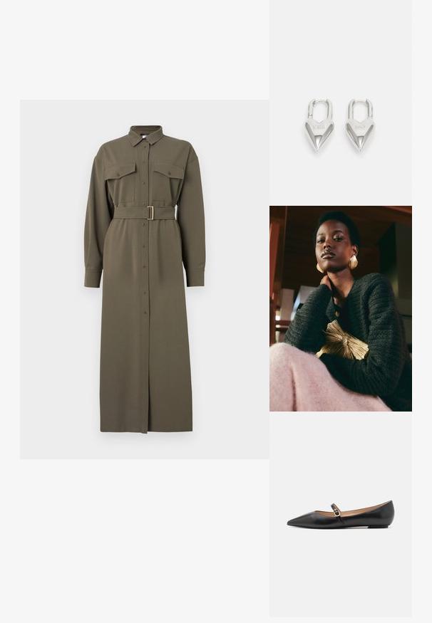 Olivenfarvet skjorte kjole med lange ærmer, knaplukning foran, to brystlommer og taljebælte med en rektangulær guldspænde.; Sorte læder balletflade med spids tå og en side rem med et rundt guldaccent. Letvægts med en flad sål.; Loeffler Randall PLEATED FRAME WITH BOW - Clutches - gold-coloured; Sølv hjerteformede hængelåse med indgraveret "JA" og "NEJ" tekst, poleret finish, symmetrisk design og en robust metalklap.