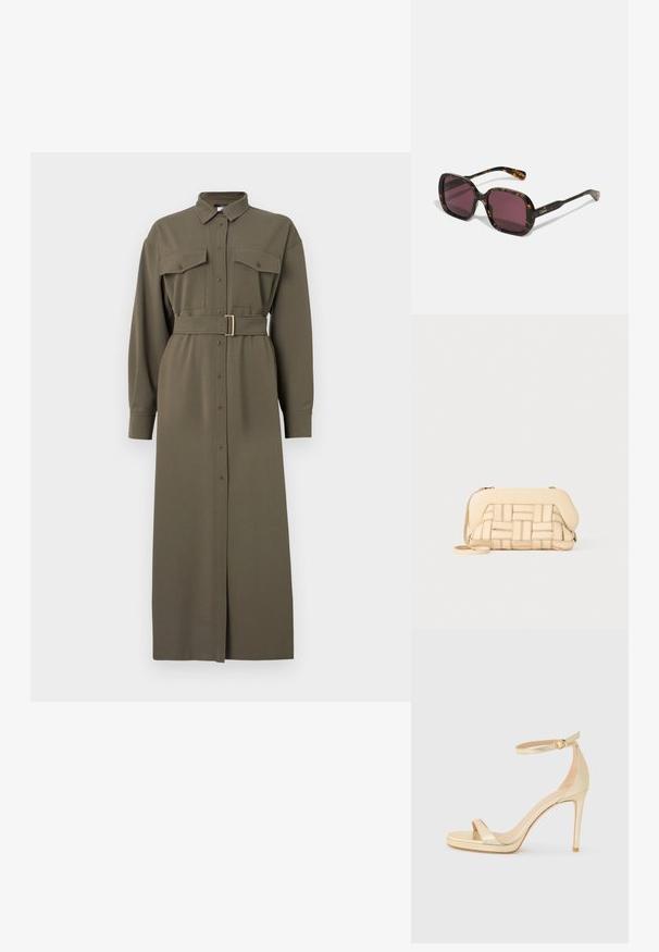 Maslinasto zelena haljina košulja s dugim rukavima, dugmadi na prednjoj strani, s dva džepa na prsima i pojasom u struku s pravokutnom zlatnom kopčom.; Zlatne metalik sandale na visokom petu s otvorenom nožnom prstom, remenom oko gležnja s kopčom i platformom za dodatnu visinu. Glatka tekstura.; Kvadratne sunčane naočale s okvirom u uzorku kornjače, tamnoljubičastim lećama i zlatnim logotipom na drškama. Imaju moderan, upečatljiv dizajn i sjajnu završnu obradu.; Tkana bež torba sa strukturiranim dizajnom, koja ima glatki vrh i dugu traku. Teksturalni detalji poboljšavaju ukupni izgled.