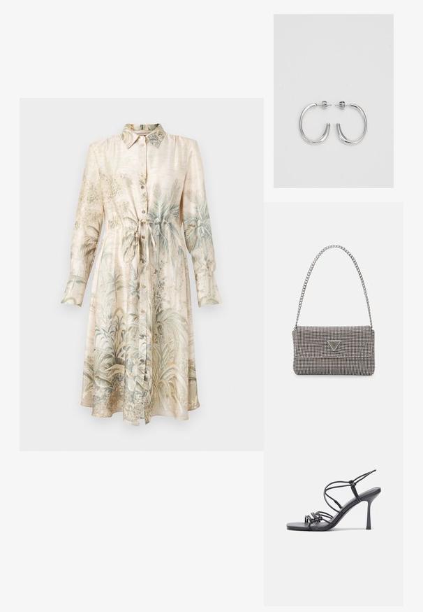 Kreemikas värvuses särgimekko, millel on botaaniline print, pika varrukaga, nööbid ees, seotav vöökoht ja pehme, siidine tekstuur.; Mustad musta värvi kontsandaalid on varustatud peente rihmadega, millel on sõlmekujundus, siledad ruudukujulised varbad ja stiilne stilettokonts.; Helehall metallik handbags, millel on kett, kaunistatud väikeste ümmarguste metallist õmblustega ja kolmnurkse brändi logoga.; Hõbedased rõngaskõrvarõngad, millel on sile ja läikiv pind. Ümar kuju, kerge disain, millel on post-tagumise kinnituse süsteem.