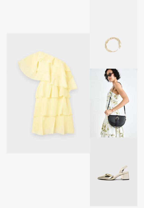 Žlté volánové šaty s dizajnom na jedno rameno, s vrstvenými tiermi a textúrovanou tkaninou. Ľahký a vzdušný vzhľad.; Zlaté kovové lodičky na podpätku so špicatou špičkou a robustným podpätkom. Hladký povrch, minimalistický dizajn a úzka remienok.; Čierna kožená kabelka s zaobleným tvarom, odnímateľným popruhom a zlatými doplnkami. Kabelka má klopu s detailom s prackou.; Prsteň v zlatej farbe s organickým, skrúteným dizajnom, hladkým povrchom a zužujúcimi sa koncami, vytvárajúci moderný, sochársky vzhľad.