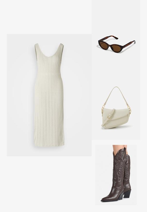 Abito lavorato a maglia in bianco sporco, caratterizzato da scollatura a girocollo, design senza maniche e texture a righe verticali. Arriva sotto il ginocchio.; Stivali da cowboy in pelle marrone con punta affusolata e tacco a blocco, caratterizzati da dettagliati ricami e accenti rialzati sul gambale.; Occhiali da sole tartarugati marroni con forma vintage a occhio di gatto e lenti marroni. Presentano bracci curvi con accenti rossi.; Piccola borsa a tracolla crema con finitura testurizzata, una lunga tracolla regolabile, un accento a catena e chiusura a patta. Dettagli in hardware dorato.; Orecchini a cerchio in argento con un design torciglionato, caratterizzati da una finitura lucida e chiusura a perno. Misurano circa 3 cm di diametro.