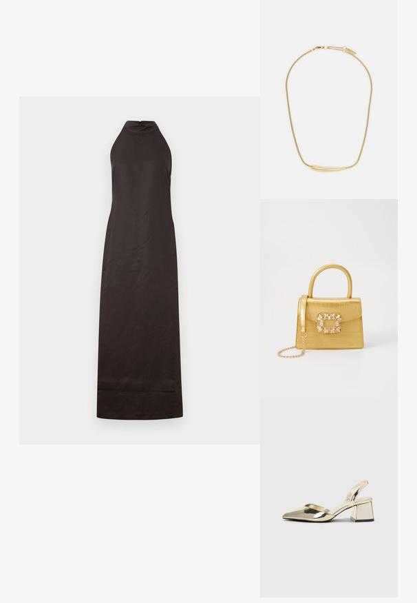Rochie neagră cu guler halter, cu o siluetă dreaptă, confecționată dintr-un material neted, având o strălucire subtilă și un design până la gleznă.; Pantofi cu toc slingback metalici aurii, cu vârf ascuțit și toc chunky. Textură netedă, design minimalist și o curea subțire.; Geantă galbenă din faux-crocodil cu un design structurat, mână superioară, curea detașabilă cu lanț și embellisment decorativ cu cristale pe închidere.; Colier placat cu aur, cu un accent central neted și curbat. Dispune de o chaină flexibilă cu un închizător tip homar și link-uri suplimentare ajustabile.