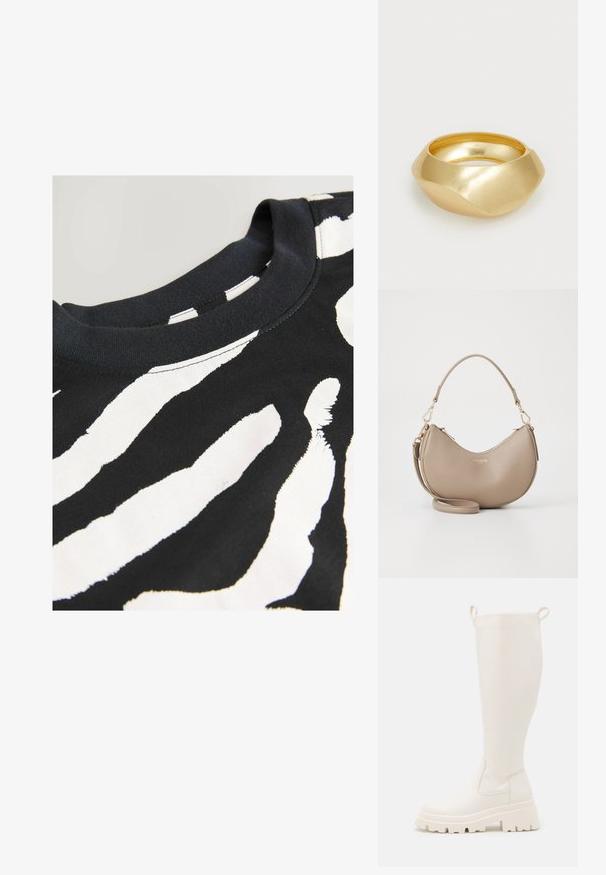 Črna majica s kratkimi rokavi, ki ima bel vzorec zebra, izdelana iz gladkega bombažnega blaga z okroglim izrezom in šivanimi robovi.; Bela gumijasta škornja do kolen z debelim podplatom in stranskimi elastičnimi paneli. Ima zanke na vrhu za lažje oblačenje. Gladka tekstura.; Bež torba iz usnja v obliki polmeseca z zgornjim zadrgo, odstranljivim ramenskim trakom in zlatim logotipom "Lacoste Paris" spredaj.; Zlati kovinski prstan z gladkim, ukrivljenim dizajnom in poliranim zaključkom. Ima organsko obliko, je širok v osrednjem delu in se proti robovom oži.