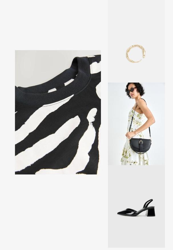 Črna majica s kratkimi rokavi, ki ima bel vzorec zebra, izdelana iz gladkega bombažnega blaga z okroglim izrezom in šivanimi robovi.; Črne lakirane slingback pete s koničastim nosom in geometrijsko blokasto peto. Imajo eleganten, minimalističen dizajn in gladko teksturo.; Črna usnjena torbica s ukrivljeno obliko, z odstranljivo naramnico in zlatimi dodatki. Torbica ima pokrov s podrobnostmi v obliki zaponke.; Zlati prstan s organskim, zvitim dizajnom, gladko površino in taperiranimi konci, ki ustvarja modernega, skulpturalnega videza.