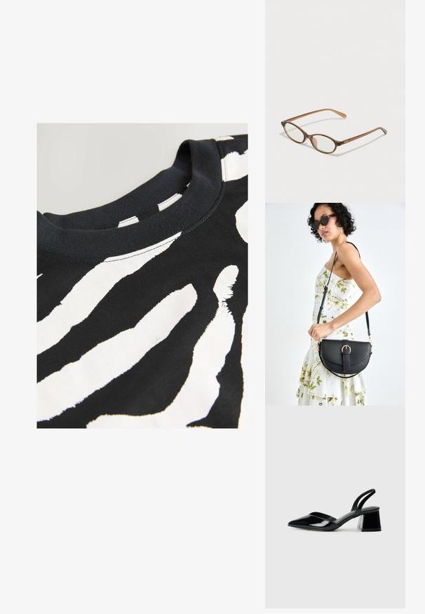 Czarny t-shirt z krótkim rękawem, ozdobiony białym wzorem w paski zebry, wykonany z gładkiego bawełnianego materiału, z okrągłym dekoltem i zszytymi brzegami.; Czarne lakierowane półbuty na obcasie z wydłużonym noskiem i geometrycznym słupkiem. Charakteryzują się eleganckim, minimalistycznym designem oraz gładką fakturą.; Brązowe okulary w motyle z owalnymi soczewkami, cienkimi ramionami i przezroczystymi akcentami. Posiadają subtelne logo na zauszniku. Smukły, lekki design.; Czarna skórzana torebka o zakrzywionym kształcie, z odpinanym paskiem i złotymi akcentami. Torebka posiada klapę z zapięciem w kształcie klamry.