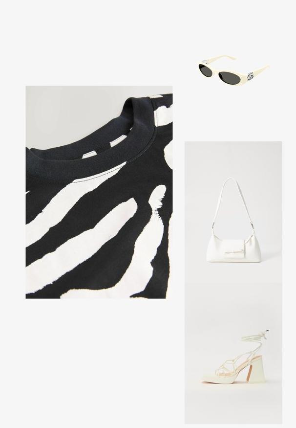 T-shirt noir à manches courtes présentant un motif de rayures zébrées blanches, fabriqué en coton lisse avec un col rond et des bords cousus.; Sandale blanche à talons hauts avec un talon épais, présentant un design à lanières et un lien autour de la cheville. Texture lisse avec une plateforme à l'avant pour une hauteur supplémentaire.; Lunettes de soleil couleur crème avec des verres ovales, teinte noire et accents de logo métallique au niveau des tempes. Texture lisse, design œil de chat.; Sac à main synthétique blanc en forme triangulaire, avec un rabat avant plat et un détail en nœud, une bandoulière ajustable, une texture lisse et un design minimaliste.