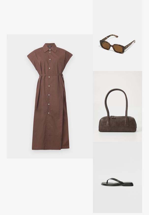 Pruun nööpidega kleit, millel on krae, lühikesed varrukad, vöökoht ja pikk, voolav disain. Sile puuvillane kangas.; Musta sussumood, mis on valmistatud siledast nahast. Sellel on õhuke rihma disain ja lame tald minimaalsete joontega. Mingeid silmatorkavaid mustreid või aktsente ei ole.; Kilpkonnakilbi päikeseprillid ümmarguse, paksu raamiga ja pruunide läätsedega. Omab peeneid mustreid ja sirgeid, kitsenevaid käsi.; Pruunist nahast käsipagas kahe tugeva käepidemega, kandiline kuju, sile tekstuur ja tõmblukuga sulgemine. Minimalistlik disain, ilma nähtavate mustriteta.