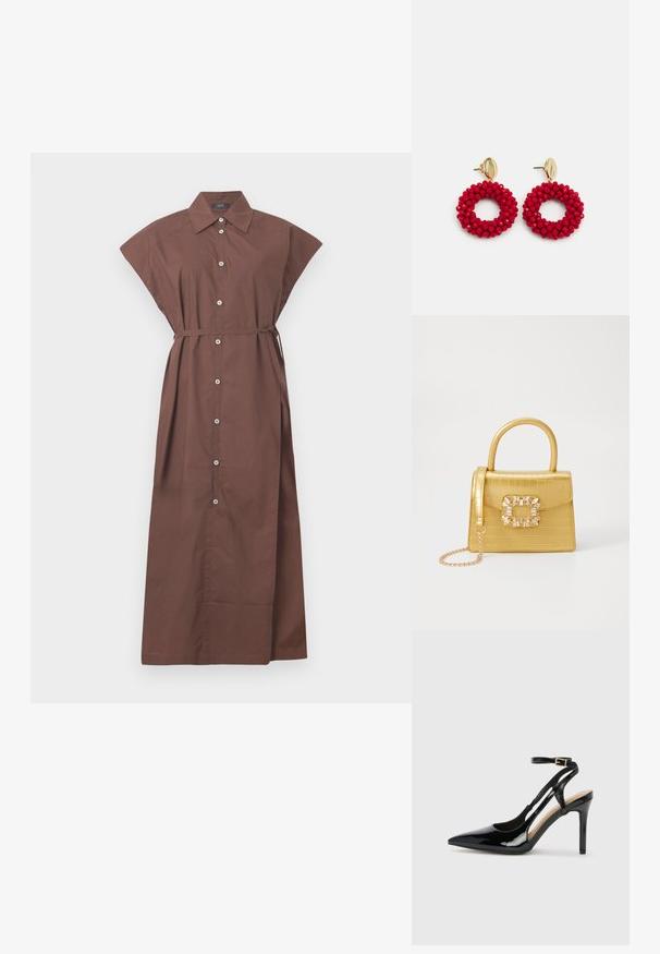 Barna gombos ruha, galléros nyakkal, rövid ujjakkal, deréknál megkötős övvel és hosszú, lebegő fazonnal. Sima pamut anyag.; Fekete lakkbőr magassarkú, slingback cipő, hegyes orral, állítható bokapánttal és nyitott oldalakkal. Simító felület.; Sárga műbőr krokodil mintás kézitáska strukturált kialakítással, felső fogantyúval, leválasztható lánccal és díszes kristály díszítéssel a záron.; Piros gyöngyökkel díszített karika fülbevalók, texturált felülettel és arany tónusú patenttal. Kör alakú forma nyitott középpel és kerek gyöngyökkel díszítve.