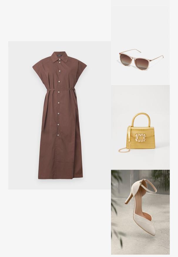 Ruda mygtukinė suknelė su apykakle, trumpomis rankovėmis, diržo užrišimu talijoje ir ilgu, plazdžiu dizainu. Lygi medvilninė medžiaga.; Balti aukštakulniai bateliai iš lygios medžiagos su smailiu pirštu ir kulkšnies dirželiu. Yra šviesiai rudos spalvos vidus ir auksinės spalvos detalės.; Rudi gradientiniai saulės akiniai su permatomu rožiniu rėmeliu, kvadratinės formos ir plonomis metalinėmis šakėmis. Yra su apvalintais kraštais ir minimaliais dekoratyviniais elementais.; Geltonas dirbtinės krokodilo odos rankinukas su standžiu dizainu, viršutine rankena, nuimamu grandininiu dirželiu ir dekoratyviniu krištolo papuošimu ant užsegimo.