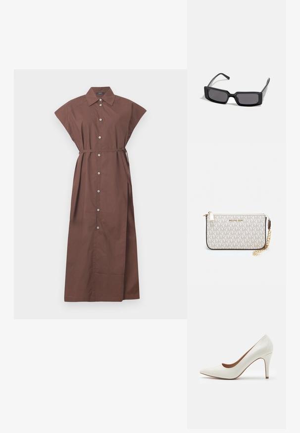 Pruun nööpidega kleit, millel on krae, lühikesed varrukad, vöökoht ja pikk, voolav disain. Sile puuvillane kangas.; Valge patendi nahk kõrge kontsaga king, millel on terav nina ja sile pind, peenike konts ning madal lõige ava ümber.; Mustad mustakaitselise raami ja tumeda objektiiviga prillid, millel on sile ja läikiv viimistlus. Omab peeneid templeid, millel on külgedel tagasihoidlik bränding.; Michael Korsi randmevõru beige kaetud kangast, millel on korduv MK logo muster, kuldne riistvara ja eemaldatav ahelistrap.