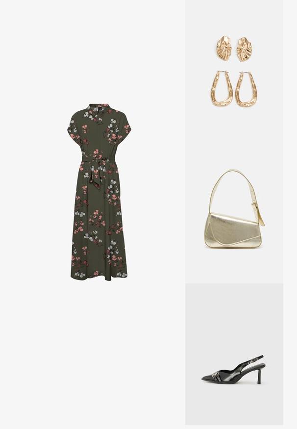 Vestido maxi com estampa floral em verde escuro, apresentando mangas curtas, gola, cintura com cinto e uma silhueta fluida com detalhes em rosa e branco.; Sapato slingback preto em pele patentada com bico apontado, tiras no tornozelo apresentando fivelas e acessórios prateados, e um salto elegante.; Bolsa de mão metálica dourada com um design estruturado, textura suave e alça ajustável. Apresenta uma forma triangular única e costura minimalista.; Brincos em tom de ouro com formas onduladas e texturizadas. Inclui studs escultóricos com presilha e um design de argola aberta com um acabamento martelado.