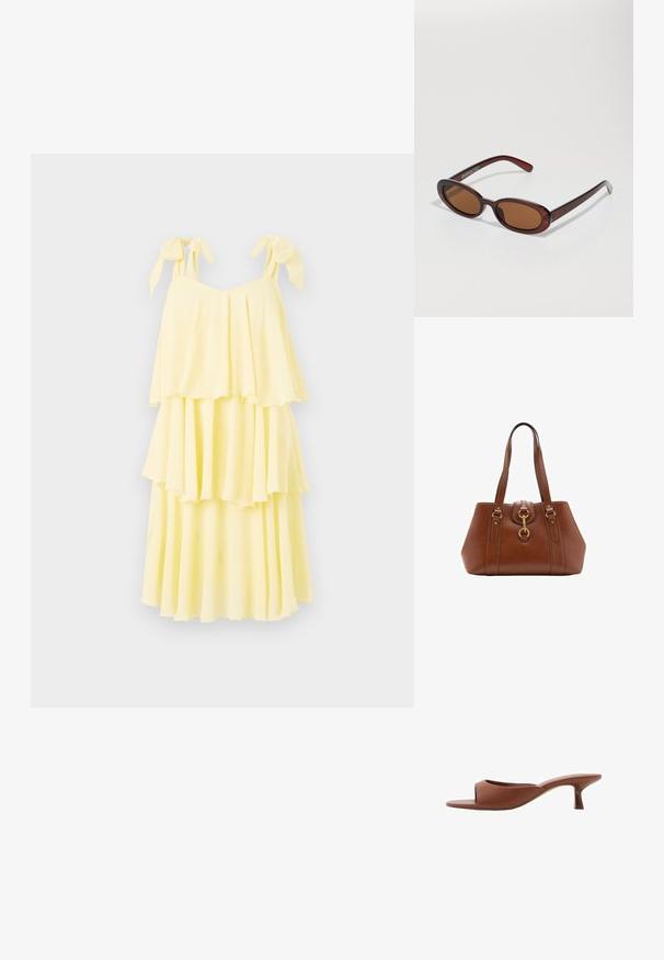 Žlté šaty v tierovom strihu vyrobené z ľahkej tkaniny, s nastaviteľnými viazanými ramienkami a splývavým, vrstveným dizajnom so športovo splývavou textúrou.; Hnedé sandále na vysokom opätku s otvorenou špičkou, s hladkým, matným povrchom, so zakriveným dizajnom a priehľadným, zužujúcim sa opätkom.; Okrúhle slnečné okuliare s hnedým nádychom a lesklým burgundským rámom. Úzke ramená s jemným brandovaním. Plochej šošovky dizajn.; Hnedá kožená kabelka s pevnou konštrukciou, zlatými kovovými doplnkami, dvojitými ramennými popruhmi a ozdobnou prackou v strede.