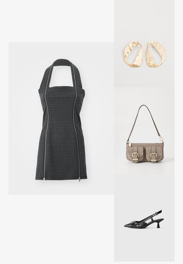 Haljina s uzorkom u crnoj i sivoj boji, s halter vratom, četvrtastim izrezom, detaljima sa prednjim patentnim zatvaračem i oblikom koji ističe figuru. Izrađena od teksturirane tkanine.; Crne kožne cipele s remenom oko pete, s izduženim vrhom, dekorativnim trakama s metalnim rupama i niskom blok petom. Teksturirana površina.; Bež torbica teksture s podesivim remenom, dva prednja džepa osigurana kopčama i detaljima od zlata. Zatvaranje na zipu na vrhu.; Par zlatnih metalnih naušnica nepravilnog ovalnog oblika s teksturiranom, blago kovanom površinom na bijeloj pozadini.