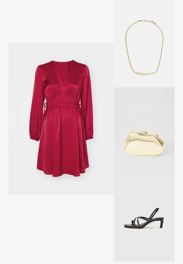 Raudonas atlasinis suknelė su giliu V formos iškirpimu, ilgomis rankovėmis ir elastingu juosmeniu. Yra raištelių detalės ir laisvas siluetas, leidžiantis tekėti iki vidurio šlaunų.; Juodi šlepetės su kvadratiniu pirštu ir žemu bloku kulnu. Yra keli ploni dirželiai ir reguliuojamas kulkšnies diržas. Pagaminti iš lygios odos.; Metalinis auksinis rankinukas su glotnia, suapvalinta forma, turintis viršutinį mygtuko užsegimą ir mažą grandinėlės dirželį nešiojimui.; Auksu padengta apyrankė su lygiu, įgaubtu centriniu akcentu. Pasižymi lankstoma grandinėle su vėžlio užsegimu ir papildomais reguliuojamais grandinėlių ryšiais.