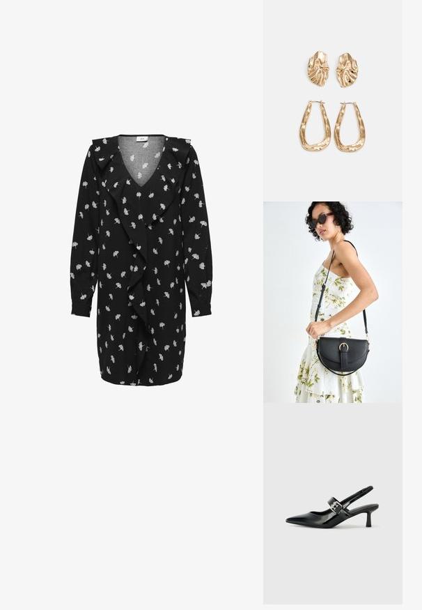 Vestido preto com decote em V, mangas longas e frente com pompom. Apresenta um padrão de folhas brancas por toda a peça e um tecido suave e texturizado.; Saltos slingback em verniz preto com bico pontiagudo e um pequeno salto bloco, apresentando um detalhe de fivela prateada na tira.; Bolsa de couro preta com forma curva, alça destacável e detalhes em dourado. A bolsa possui uma aba com detalhe de fivela.; Brincos em tom de ouro com formas onduladas e texturizadas. Inclui studs escultóricos com presilha e um design de argola aberta com um acabamento martelado.