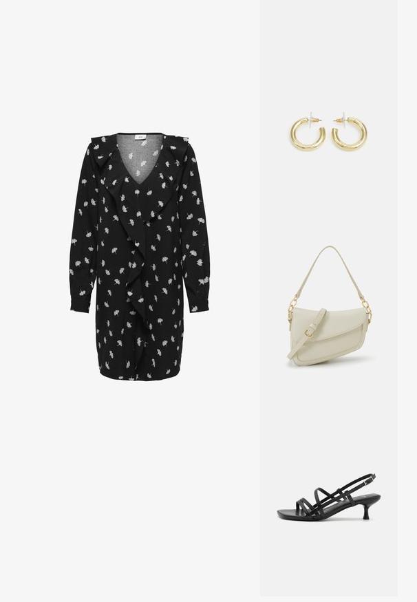 Černé šaty s výstřihem do V, dlouhými rukávy a volánkovým předním dílem. Vyznačují se bílým vzorem listů po celém obvodu a měkkou, strukturou látkou.; Černé sandály na podpatku s několika křížovými pásky. Hladký materiál, špičatá špička a úzký podpatek. Nastavitelný pásek kolem kotníku s přezkou.; Malá krémová kabelka s texturovaným povrchem, dlouhým nastavitelným popruhem, řetízkovým akcentem a klopou. Ozdobné detaily zlaté barvy.; Zlaté kruhové náušnice s hladkým, lesklým povrchem. Kruhový design s malým kolíčkem a průhledným záznamem pro bezpečné nošení.