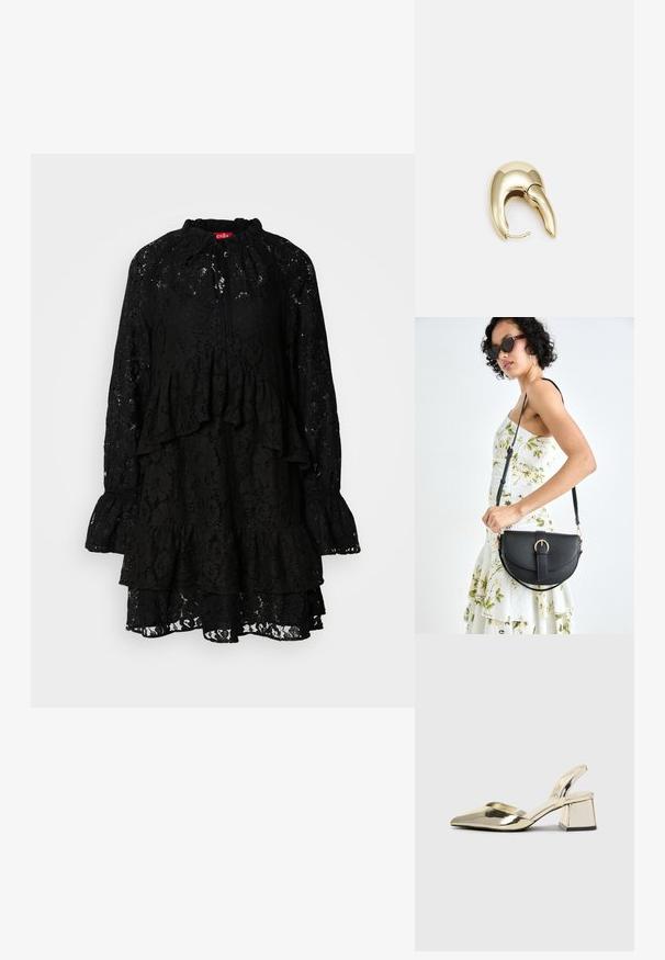 Must mustrikk dress, millel on pikad varrukad, lainelised kihid, kõrge krae sidemetega ja tekstureeritud lillemuster kogu ulatuses.; Kuldne, metallilised slingback-kudumid terava varba ja paksu kontsaga. Sile tekstuur, minimalistlik disain ja kitsas rihm.; Mustmust mustraha kõverate joontega, eemaldatava rihmaga ja kuldsete detailidega. Kotil on klapp, millel on pandladetail.; Kuldtooni metallist kõrvarõngas, millel on elegantne ja kaarjas disain. Omab silmapaistvat teravat kuju, poleeritud pinda ja hingesulgemist.