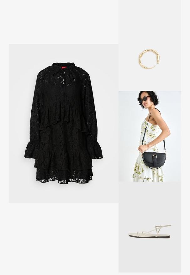 Melna mežģīņu kleita ar garām piedurknēm, viļņu maliņām, augstu kakla izgriezumu ar saistēm un teksturētu ziedu rakstu visā kleitā.; Bežīgas plakanas čības ar vairākiem plāniem siksniņām un regulējamu sprādzi. Zole ir plakana ar nelielu tumšu kontrastu malā.; Melnas ādas rokassoma ar izliekta formu, noņemamu siksnu un zelta aksesuāriem. Somai ir vāciņš ar sprādzes detaļu.; Zelta toņa gredzens ar organisku, vērptu dizainu, gludu virsmu un sašaurinātiem galiem, radot mūsdienīgu, skulpturālu izskatu.