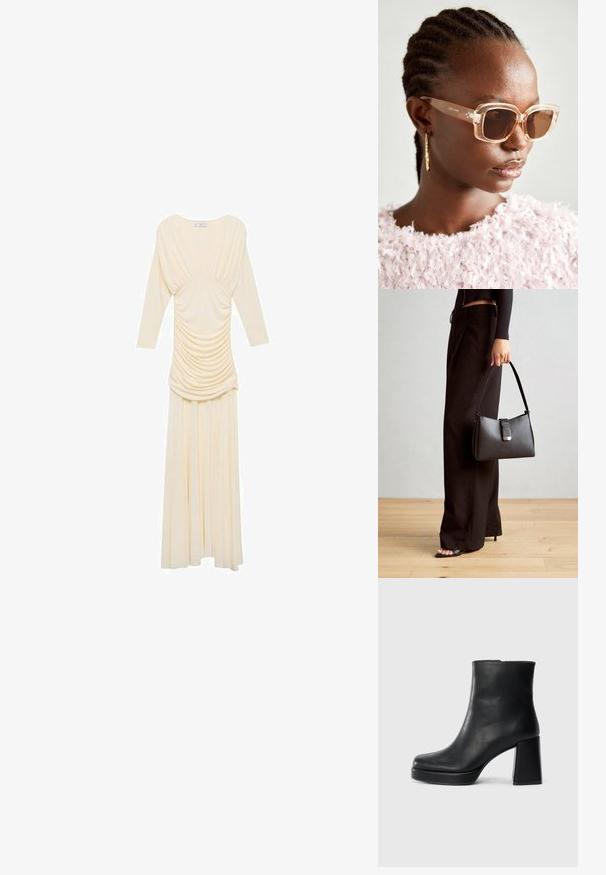 Rochie lungă de fildeș cu mâneci lungi, având stofă drapată în jurul corsetului, o fustă fluidă și o textură netedă.; Botină din piele neagră, cu toc pătrat și talpă platformă, văzută din lateral pe un fundal alb simplu.; Ochelari de soare bej supradimensionați cu rame transparente și lentile cu nuanță maronie, având accente florale subtile și un design geometric îndrăzneț.; Genți negre cu o formă structurată, textură netedă și un închizător metalic. Asortată cu pantaloni negri largi și sandale cu vârf deschis pe un podea din lemn.