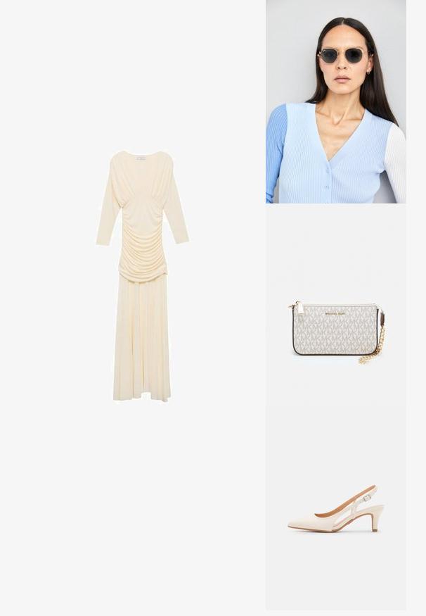 Lång elfenbensvit klänning med långa ärmar, prydd med draperat tyg runt midjan, en flödande kjol och en mjuk textur.; Vit slingbackklack med spetsig tå, slät ovandel, låg blockklack och sidoutskärning med justerbar spänne.; Runda solglasögon med mörka linser och guldramar. Modellen bär en ljusblå, ribbad cardigan med knappar och kontrasterande vita ärmar.; Michael Kors handledos i beige belagd kanvas med ett upprepande MK-logomönster, gyllene detaljer och ett avtagbart kedjehandtag.