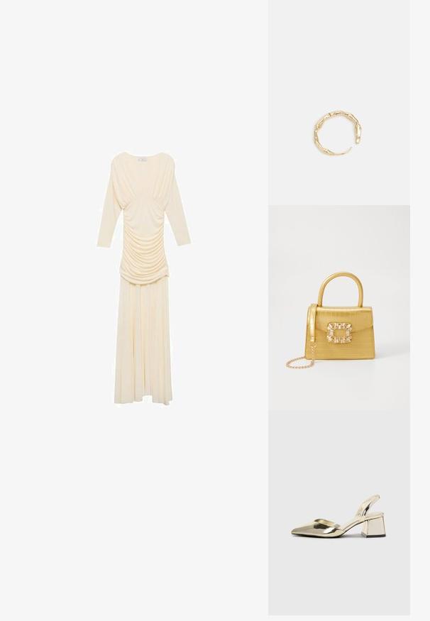 Lång elfenbensvit klänning med långa ärmar, prydd med draperat tyg runt midjan, en flödande kjol och en mjuk textur.; Guld, metalliska slingback-klackar med spetsig tå och chunky klack. Slät textur, minimalistisk design och en smal rem.; Gul faux-krokodilhandväska med en strukturerad design, topphandtag, avtagbar kedjesladd och dekorativa kristalldekorationer på klämman.; Ring i guldutförande med en organisk, vriden design, slät yta och avsmalnande ändar, vilket ger ett modernt, skulpturalt utseende.