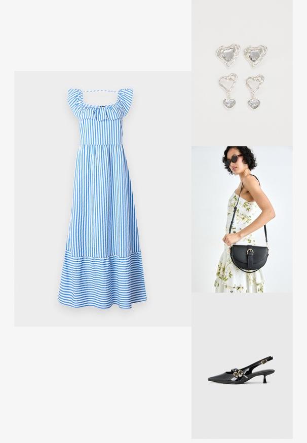 Vestido maxi listrado em azul e branco com alças de ombro franzidas, corpete justo e parte inferior ampla e em camadas. Tecido de algodão.; Sapatos de salto alto em verniz preto com bico pontudo, duas tiras com fivelas douradas e um salto baixo. Textura suave.; Bolsa de couro preta com forma curva, alça destacável e detalhes em dourado. A bolsa possui uma aba com detalhe de fivela.; Os brincos em forma de coração prateados apresentam pedras claras facetadas, com uma moldura texturizada. O conjunto inclui estilos de botão e de gota.