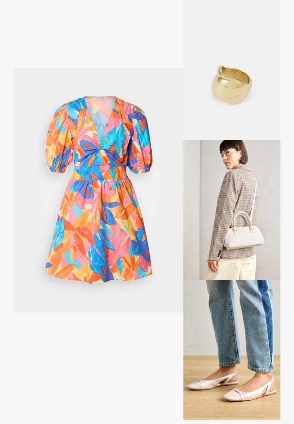 Barvito kratko obleko z globokim V-izrezom, naborki na rokavih in oprijetim pasom. Obleka ima tropski listnati vzorec v roza, oranžni, modri in zeleni barvi.; Svijetloružičaste slingback balerinke s šiljastim nožnim prstima, napravljene od glatkog materijala nalik koži. Imaju izrezane detalje sa strane i ravne pete.; Bela strukturirana torba z kratkimi ročaji in naramnim trakom, z zlatimi okrasnimi elementi in teksturiranim materialom, prikazana na sivi podlagi.; Zlato obarvan prstan z gladkim, zvitim dizajnom. Ima polirano površino in zaobljene robove, kar ustvarja brezšivno, tekočo obliko.