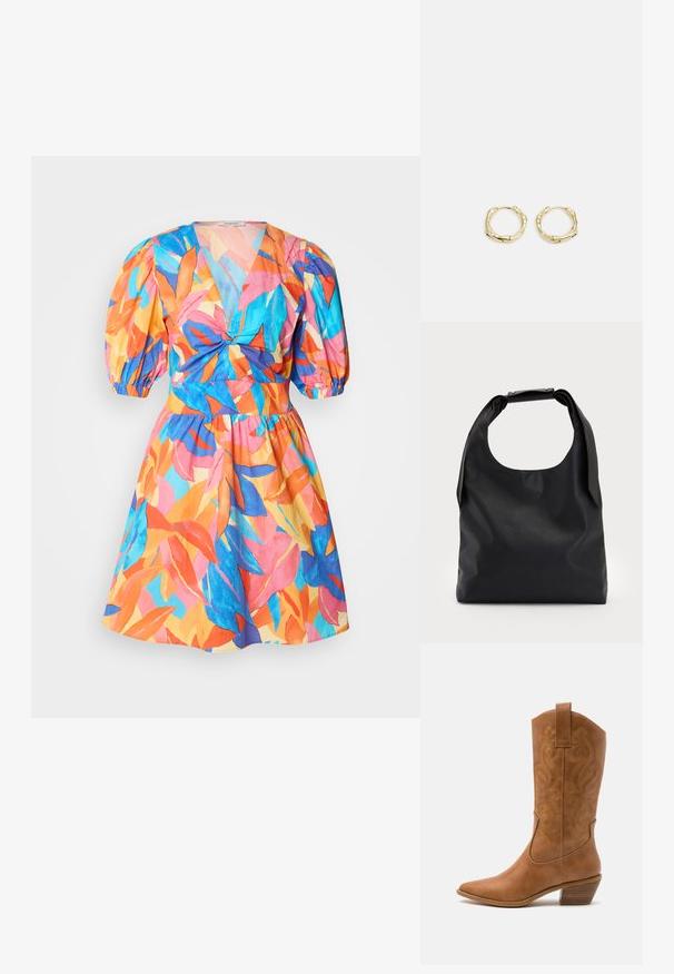 Färggklad kort klänning med djup v-ringning, puffärmar och figursydd midja. Har ett tropiskt lövmönster i rosa, orange, blått och grönt.; Bruna lädercowboystövlar med spetsig tå, broderade virvelmönster på skaftet och en staplad blockklack. Har en dragflik för enkel påtagning.; Svart läder hobo-väska med ett enda, mjukt, rundat handtag; har en slät textur och en minimalistisk design. Ingen synlig hårdvara eller detaljer.; Guldörhängen i form av ringar med en texturerad, oregelbunden form. Har en sömlös stängning och en polerad yta som betonar en modern design.