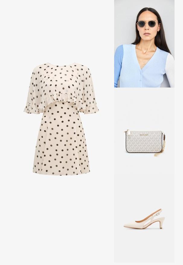 Kremkrāsas kleita ar melnām punktiņām, ar viļņotu pārklājumu uz krūšu daļas un īsām, plūstošām piedurknēm ar viļņotu akcentu.; Baltas siksniņveida papēdis ar smailu purngalu, gludu augšējo materiālu, zemu blokpapēdi un sānu izgriezumu dizainu ar regulējamu sprādzi.; Apaļas saulesbrilles ar tumšiem objektīviem un zeltītām rāmēm. Modelis valkā gaiši zilu, ribotu kardigānu ar pogām un kontrastējošām baltām piedurknēm.; Michaela Korsa rokassomi bez̦ā īšojuma, kas izgatavota no apklāta kanvas, iekļaujot atkārtotu MK logotipa rakstu, zelta aparatūru un noņemamu ķēdes siksnu.