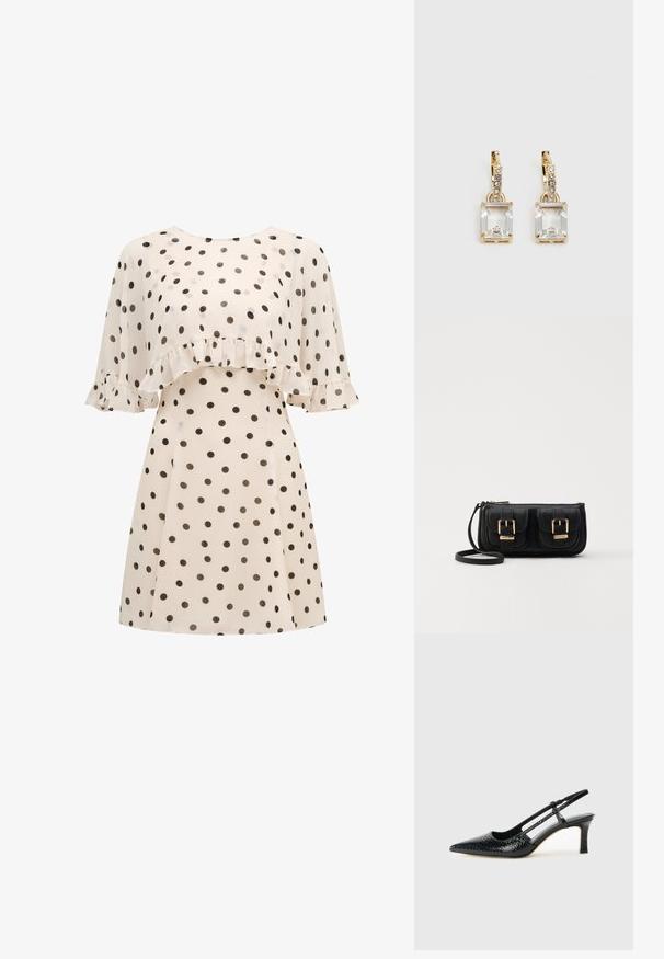 Kremna obleka s črnimi pikami, ki ima nagubano prevleko na prsih in kratke, lahkotne rokave z nagubanimi detajli.; Črne lakaste slingback pete s koničastim nosom, ki imajo teksturiran vzorec kačje kože, nastavljiv trak in kratek teksturiran blok peto.; Črna usnjena torbica čez ramo z dvema sprednjima žepoma, zlatimi zaponkami, zadrgo in ozkim pasom. Tekstura površine je strukturirana, obliko pa ima kompaktno pravokotno.; Zlato obarvani uhani, ki vsebujejo pravokoten, prozoren kristal, obešen pod vrsto majhnih, okroglih prozornih dodatkov. Elegantna, moderna zasnova.