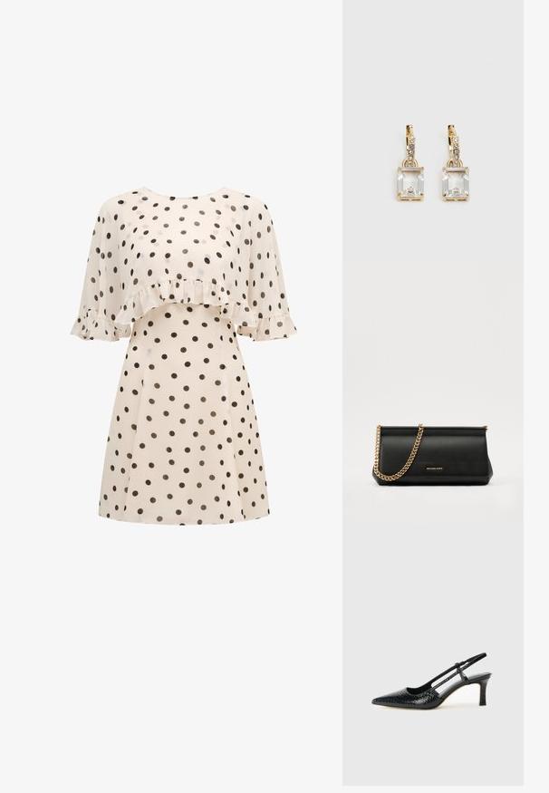 Cream dress with black polka dots, featuring a ruffled overlay on the chest and short, flowy sleeves with ruffle details.; Black patent slingback heel with a pointed toe, featuring textured snake print, adjustable strap, and a short, textured block heel.; Black leather clutch bag with a gold chain strap, featuring a smooth texture, rectangular shape, and embossed branding on the front.; Gold-tone earrings featuring a rectangular, clear crystal dangling below a row of small, round clear accents. Sleek, modern design.