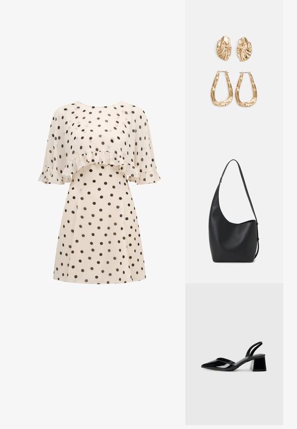 Vestido creme com bolinhas pretas, apresentando uma sobreposição franzida no peito e mangas curtas e soltas com detalhes em babados.; Sandy em verniz preto com salto slingback, ponta afilada e salto geométrico. Apresenta um design elegante e minimalista com textura suave.; Saco hobo preto em pele com uma textura lisa, forma curva e uma única alça ajustável; apresenta uma abertura larga na parte de cima.; Brincos em tom de ouro com formas onduladas e texturizadas. Inclui studs escultóricos com presilha e um design de argola aberta com um acabamento martelado.