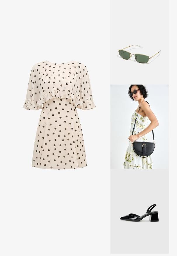 Krémové šaty s černými puntíky, které mají volánkový přesah v oblasti hrudníku a krátké, splývavé rukávy s volánkovými detaily.; Černé lakované kožené lodičky na pásku s špičatou špičkou a geometrickým blokovým podpatkem. Vyznačují se elegantním, minimalistickým designem a hladkým povrchem.; Zlaté sluneční brýle s metalovým rámem a zelenými skly, angularním tvarem a transparentními koncovkami. Výrazné označení značky na levém skle.; Černá kožená kabelka s křivkovým tvarem, odnímatelným popruhem a zlatými detaily. Kabelka má klopu s přezkou.; Náušnice ve zlatém tónu s texturovanými, vlnitými tvary. Obsahují sochařské klipy a design otevřeného kruhu s kladivkovým povrchem.