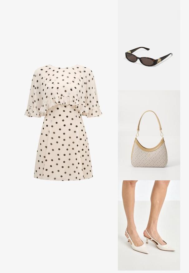 Cremfarbendes Kleid mit schwarzen Punkten, das mit einer rüschigen Überlagerung auf der Brust und kurzen, fließenden Ärmeln mit Rüschendetails ausgestattet ist.; Beige Lackleder Slingback-Absätze mit spitzem Fuß und 5 cm Absatz, mit ausgeschnittenen Seiten und einem schmalen Knöchelriemen.; Schildpatt-Sonnenbrille mit länglich-ovalen Gläsern, braunem Farbton, goldenen Logo-Akzenten an den Bügeln und schlanken schwarzen Bügeln.; Beige gemusterte Handtasche mit geschwungener Form, Lederakzenten und einem goldfarbenen Logo auf der Vorderseite. Verfügt über einen kurzen Griff für einfaches Tragen.