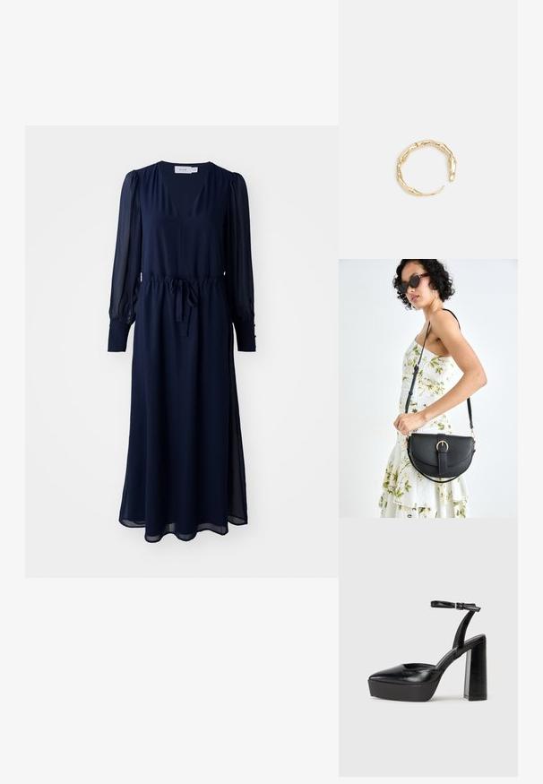 Tamsiai mėlyna suknelė su V formos iškirpte, ilgomis permatomomis rankovėmis ir suveržta juosmena. Pakabinta dirželio detalė ir šoninės skeltukai, užtikrinantys patogumą judant.; Juodi platforminiai aukšti kulniukai su smailiu kojų pirštu ir reguliuojamu kulkšnies dirželiu. Pagaminti iš lygaus odos, turi masyvų blokinį kulną.; Juodas odinis krepšys su išlenkta forma, nuimamu dirželiu ir auksiniais detalėmis. Krepšys turi kilpą su sagtimi.; Auksinės spalvos žiedas, turintis organišką, sukimosi dizainą su lygiu paviršiumi ir siaurėjančiais galais, sukuriantis modernią skulptūrinę išvaizdą.