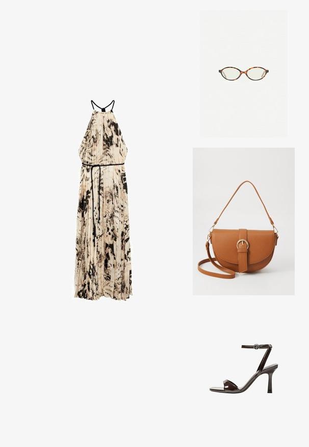 Mango Jurk - off-white; Bruine gepatenteerde lederen sandaal met hoge hak, enkelbandje, open teen, en een strak, minimalistisch ontwerp. Voorzien van een vierkante hak.; Kattenoogbril met ovale lenzen en een strakke, gladde afwerking. Heeft dunne zijkanten met een subtiele kromming bij de slapen. Transparante lenzen.; Bruine leren schoudertas met een gebogen vorm, gouden hardware en een gespaccent. Bevat een afneembare schouderriem.