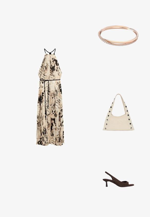 Mango Freizeitkleid - off-white; Braune Wildleder-Slingbacks mit einem Peeptoe-Design, ausgestattet mit einem niedrigen, geschwungenen Absatz und einer weichen Textur im gesamten Schuh.; PULL&BEAR SHOULDER - Shopping Bag - beige; Roségold-Armband mit zwei ineinandergreifenden Bändern, von denen eines mit einer Reihe von Diamanten verziert ist, und einer schlanken Oberfläche mit glatten Kanten.