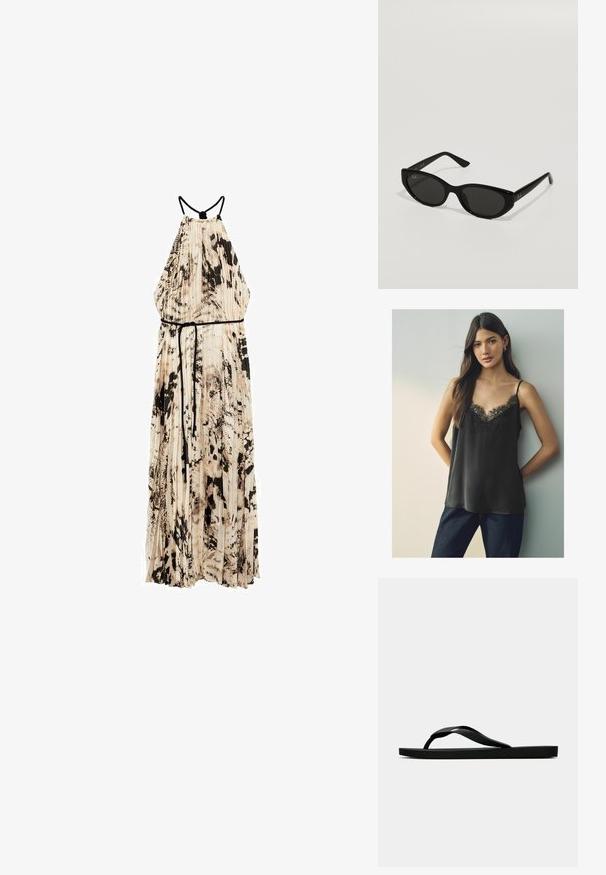 Mango Rochie de zi - off-white; Camisola din satin negru cu decolteu în V din dantelă și bretele subțiri, purtată cu blugi albaștri închisi, pe un fundal neutru.; Sandala flip-flop din cauciuc negru, cu un bretele texturat și o talpă simplă și plată, prezentată din lateral pe un fundal simplu și deschis.; Ochelari de soare negri cu o formă subțire, stil cat-eye. Realizați din plastic neted, având lentile întunecate și accente subtile cu logo pe brațe.