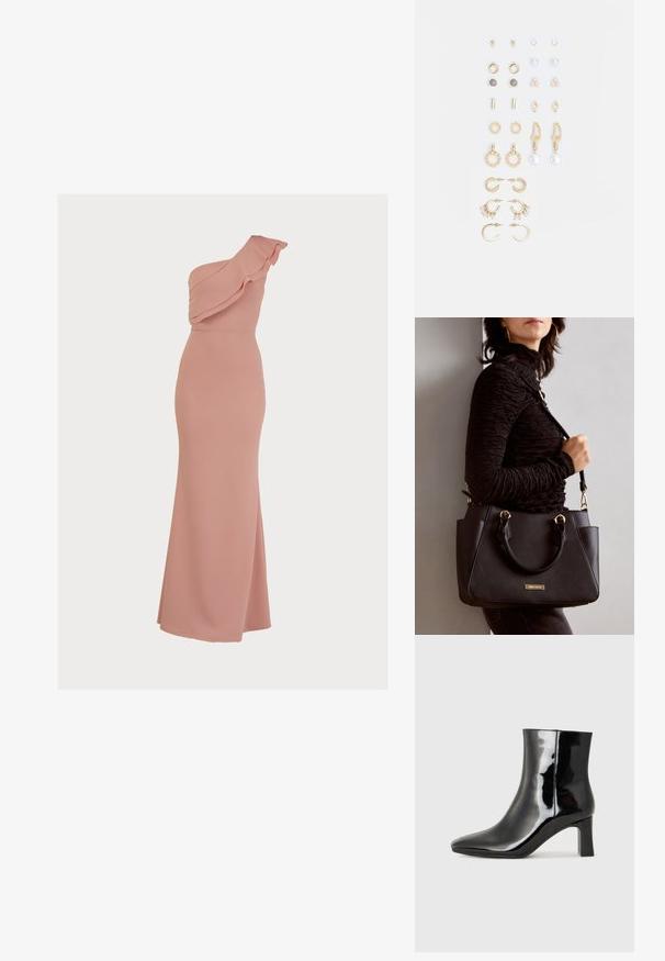 Egy vállra illeszkedő rózsaszín ruha sima anyagból, fodrokkal a dekoltázson, testhezálló sziluettel és hosszú, lágy esésekkel rendelkező szoknyával.; Fekete lakk bőrcipő bokáig érő, hegyes orral és közepes magasságú tömbsarokkal. Simább textúrával és minimalista dizájnnal rendelkezik.; Fekete kézitáska texturált felülettel, dupla felső fogantyúval és állítható vállpánttal. Arany színű fém kiegészítők és oldalsó zsebek találhatók rajta.; Arany tónusú fülbevalók szettje, amely különféle mintákat tartalmaz, beleértve a stift fülbevalókat, karikákat és gyöngyökkel és strasszokkal díszített hosszú fülbevalókat.
