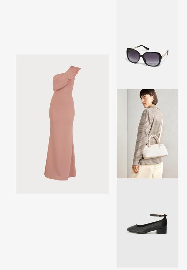 Jednoručni ružičasti haljina od glatkog materijala, s volanima duž izreza, prilagođenog kroja i dugom, lepršavom suknjom.; Crne kožne pumpe s oštrim vrhom i niskom blok petom. Sadrže remen oko gležnja s zlatnim kopčanjem. Glatka tekstura.; Crne prevelike sunčane naočale s gradijentnim lećama, debelim okvirom i zlatnim lancem kao detaljem na krakovima.; Bijela strukturna torba s kratkim ručkama i remenom za rame, s zlatnim metalnim detaljima i teksturiranim materijalom, prikazana na sivoj pozadini.
