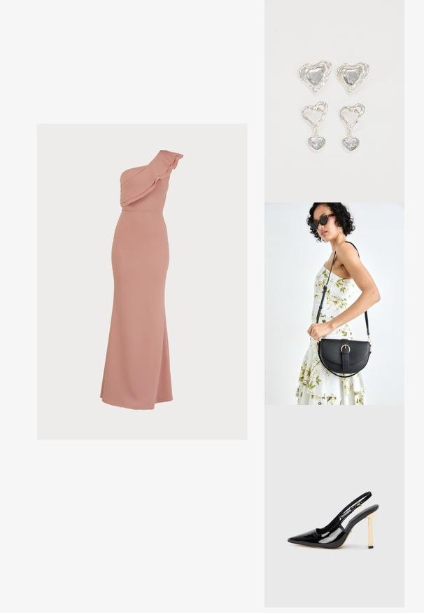 Viena petneša rožinė suknelė, pagaminta iš glotnaus audinio, turi volangus aplink iškirpę, prigludusi siluetas ir ilga, plaukianti sijonas.; Juodas patentuotas odos aukštakulnis batelis su smailiu kojų pirštu ir auksinės spalvos kvadratiniu kulno akcentu. Ilgesnis reguliuojamas kulkšnies dirželis.; Juodas odinis krepšys su išlenkta forma, nuimamu dirželiu ir auksiniais detalėmis. Krepšys turi kilpą su sagtimi.; Sidabrinės širdelės formos auskarai puošti facetuotais skaidriais akmenimis, su tekstūruotu rėmu. Rinkinį sudaro tiek auskarai-stud, tiek kabančios formos.