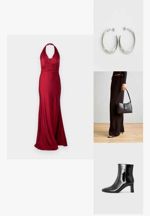 Red evening gown in satin fabric, featuring a halter neck, ruched waist, and a side slit for added movement. Smooth, fitted silhouette.; Black patent leather ankle boot with a pointed toe and a mid-height block heel. Smooth texture and minimalist design.; Black handbag with structured shape, smooth texture, and a metallic clasp. Paired with wide black pants and open-toe sandals on wooden floor.; Silver hoop earrings with a smooth, curved design. Features a shiny metallic finish and stud closure. No visible patterns or accents.