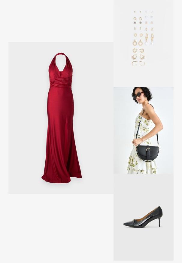Red evening gown in satin fabric, featuring a halter neck, ruched waist, and a side slit for added movement. Smooth, fitted silhouette.; Black patent leather high-heeled shoe with a pointed toe, decorative strap detail at the front, and a thin stiletto heel.; Black leather handbag with a curved shape, detachable strap, and gold hardware. The bag features a flap with a buckle detail.; Set of gold-tone earrings featuring various designs, including studs, hoops, and dangling pieces with pearls and rhinestones.